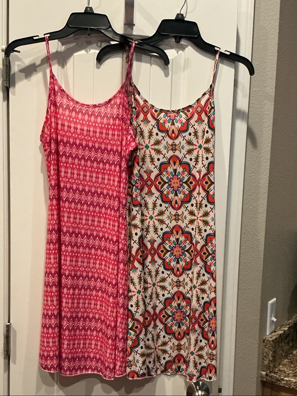 Two Women's Spaghetti Strap Slip Dresses - Pink Ikat & Multicolor Medallion